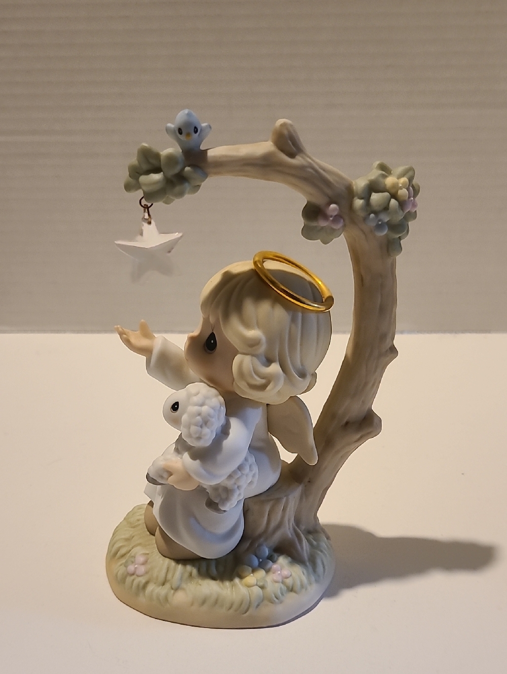 Precious Moments White and Gold Angel Figurine with Tree and Lamb- 2001 Lmtd Ed.